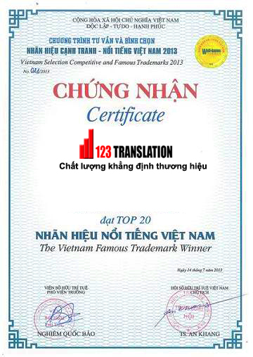 Chứng nhận top 20 nhãn hiệu Việt Nam - Văn Phòng Đại Diện Dịch Thuật 123 - Công Ty TNHH Đào Tạo Công Nghệ Dịch Thuật Chuyên Nghiệp 123 Việt Nam
